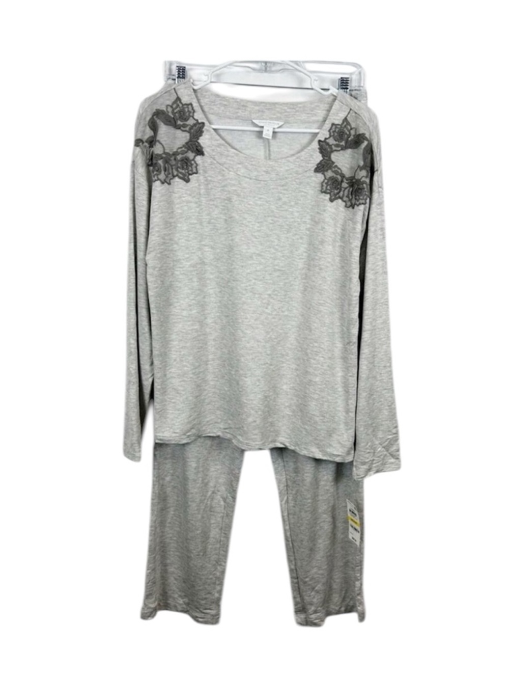 Charter Club Gray Long-Sleeve Pajama Set with Floral Lace Shoulders Size Medium